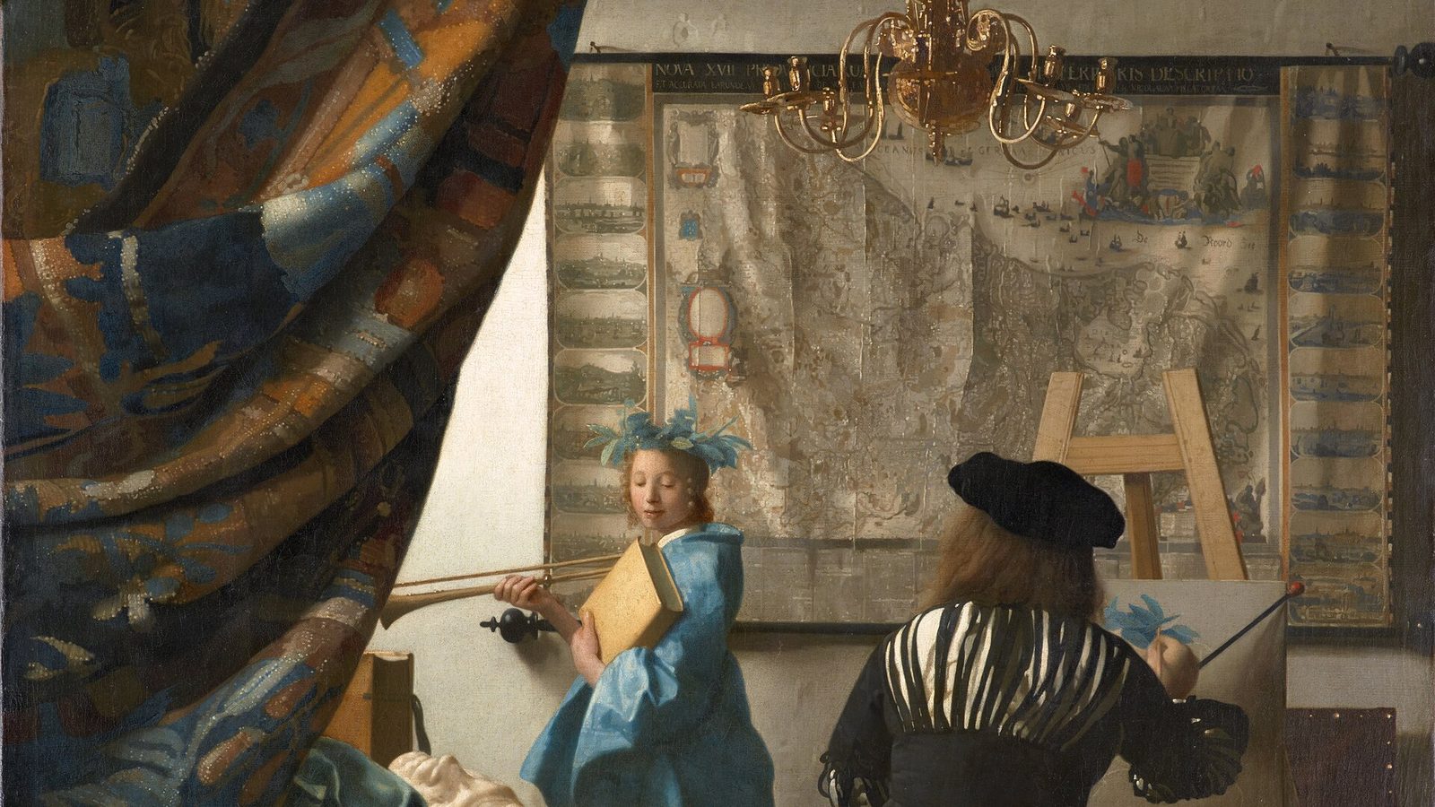 Johannes Vermeer's The Art of Painting: a painter at his easel and a model posed as Clio, the muse of history, holding a trumpet and a book